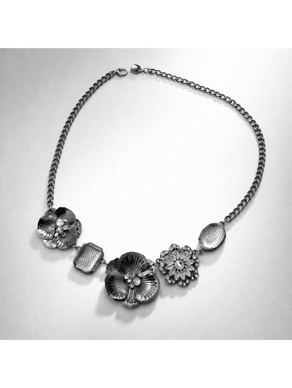 Silver Tone Floral Statement Necklace with Crystal Accents
